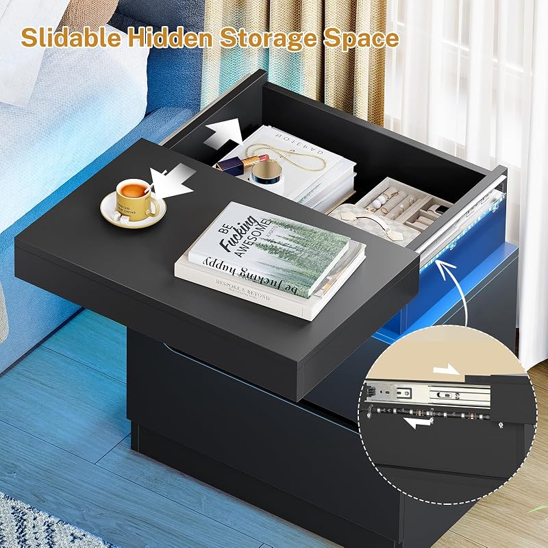 Nightstand Set of 2 with 2 Drawers and App-Controlled RGB LED Light – Black
