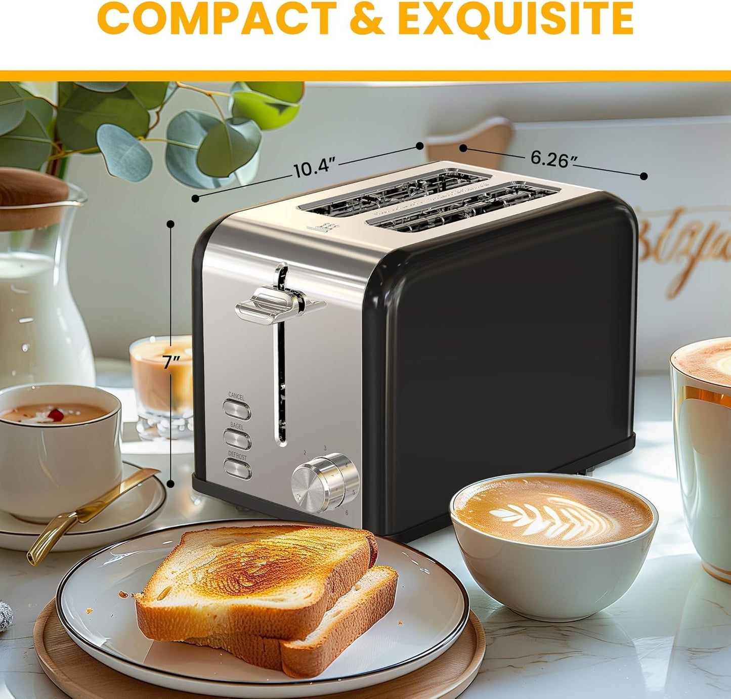 Simple Deluxe 2-Slice Toaster - Stainless Steel with 6 Browning Settings & Extra Wide Slot - Black