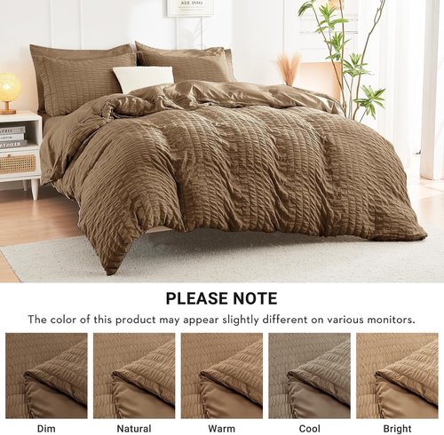 HYMOKEGE Queen Comforter Set - 7-Piece Seersucker Luxury Bedding Set for All Seasons | Brown