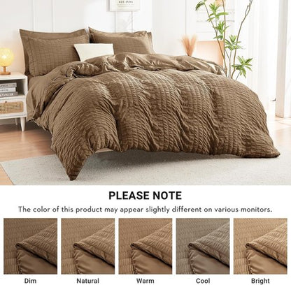 HYMOKEGE Queen Comforter Set - 7-Piece Seersucker Luxury Bedding Set for All Seasons | Brown