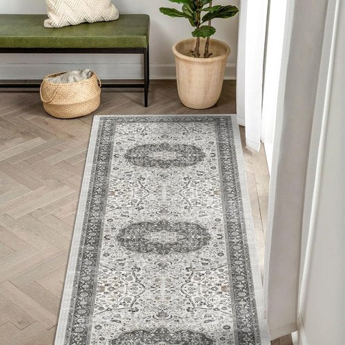 **Regine Switzerland 2x5 Washable Runner Rug - Stain Resistant & Ultra Soft | Grey Indoor Carpet for Entryway & Kitchen**