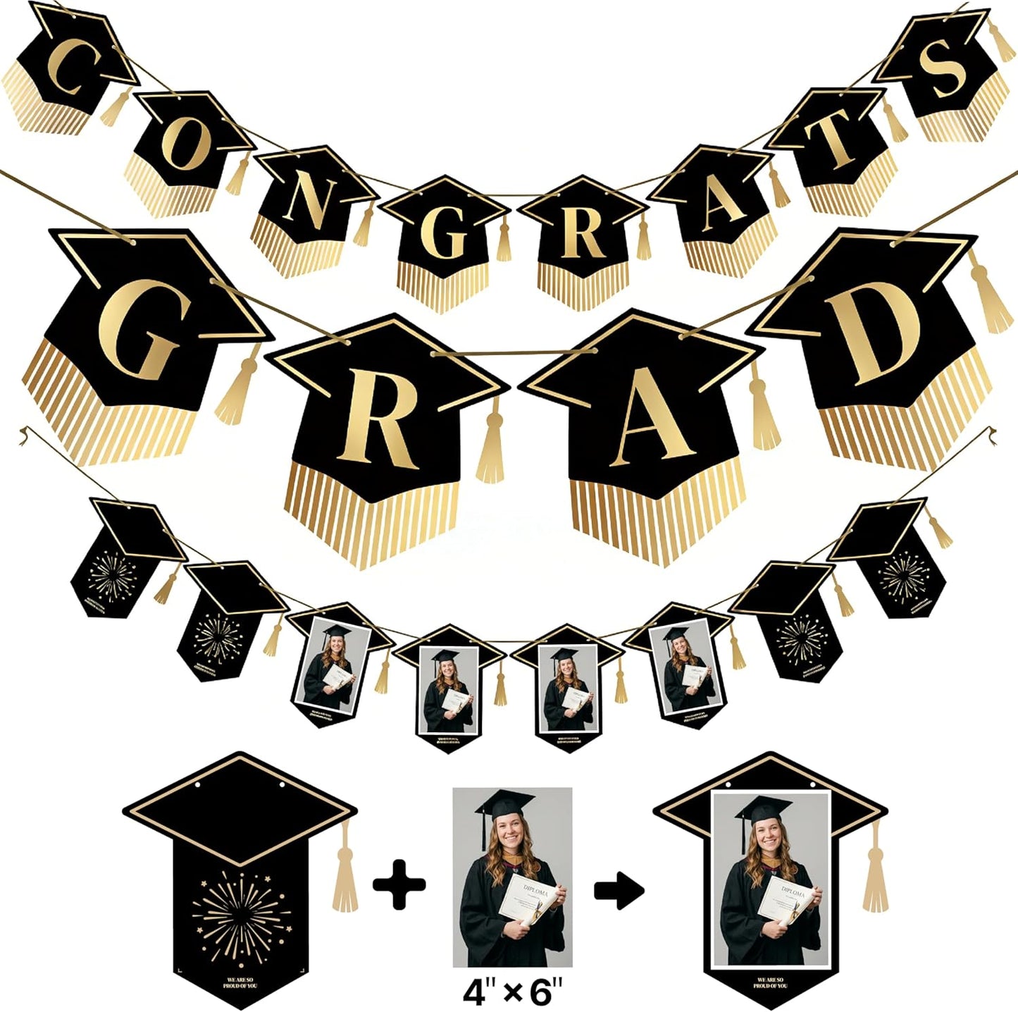 PartyWoo Graduation Decorations - Class of 2026 Black & Gold Banner Set for College & High School Parties | 2-Piece