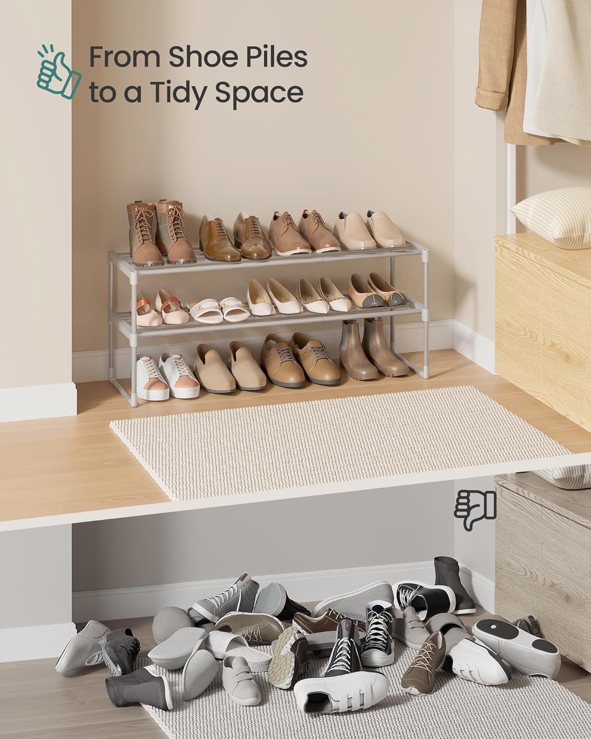 SONGMICS 2-Tier Shoe Rack - Stackable Metal Organizer for 12-15 Pairs | Gray, 11.8 x 36.2 x 14.6 Inches