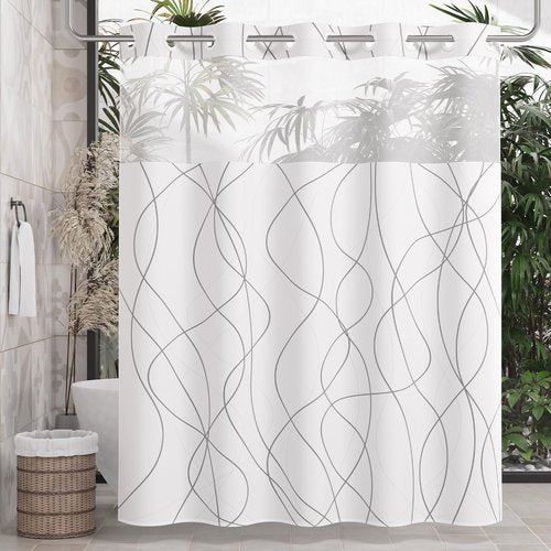 AmazerBath No Hook Shower Curtain and Liner Set, Shower Curtain with Liner and Hooks Built-in Less Time, Heavy Duty Double Waterproof Farmhouse Shower Curtain Set for Bathroom, Grey, 74"x72"