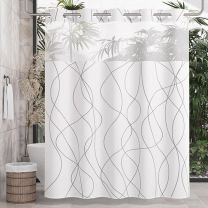 AmazerBath No Hook Shower Curtain and Liner Set, Shower Curtain with Liner and Hooks Built-in Less Time, Heavy Duty Double Waterproof Farmhouse Shower Curtain Set for Bathroom, Grey, 74"x72"