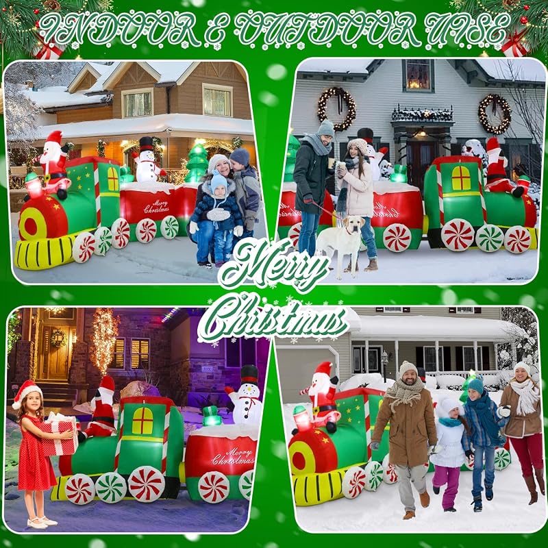 Aixuler 11 ft Christmas Inflatable Train Decoration with Santa - Red & Green LED Lights