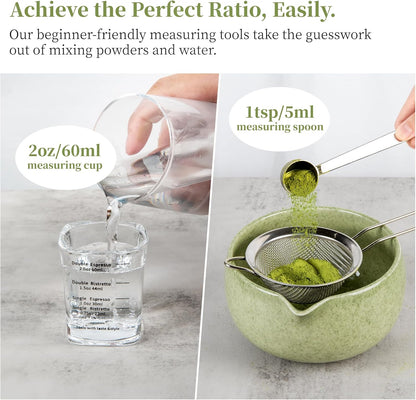 YIBO Matcha Whisk Set - Complete Ceramic Matcha Making Kit with Bamboo Whisk & Accessories | Mottled Green