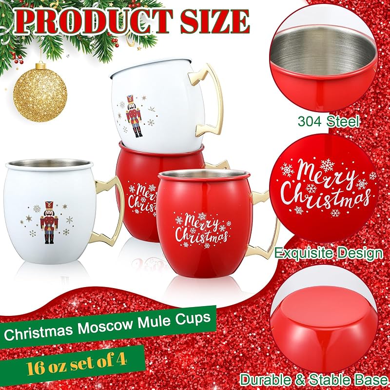 Seematn 16 oz Nutcracker Moscow Mule Mugs - Red & White, 4-Piece Set