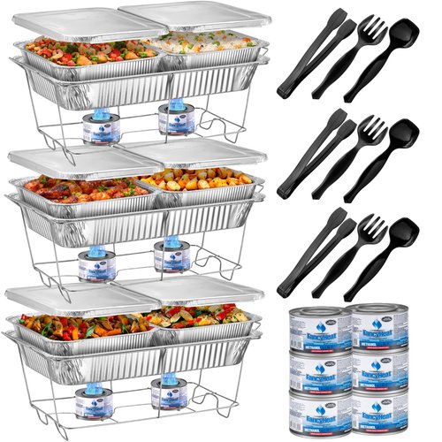 Disposable Chafing Dish Buffet Set, Food Warmers for Parties, Complete 33 Pcs of Chafing Servers with Covers, Catering Supplies with Full-Size Pans (9x13), Warming Trays for Food with Utensils & Lids