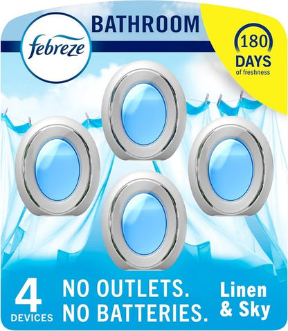 Febreze Bathroom Air Freshener | Odor-Fighting Plug-In for Small Spaces | Linen & Sky Scent, 4 Count