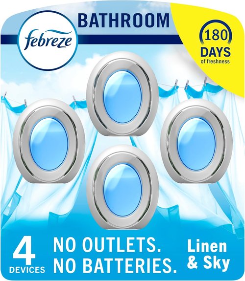 Febreze Bathroom Air Freshener | Odor-Fighting Plug-In for Small Spaces | Linen & Sky Scent, 4 Count