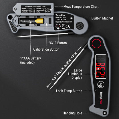 TempPro TP19 Waterproof Digital Meat Thermometer - Instant Read with Backlit Display for Grilling & Cooking