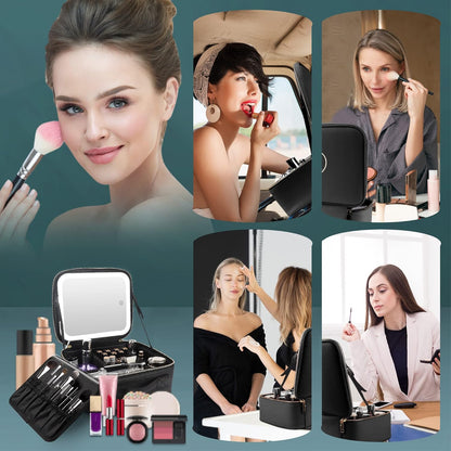 MOMIRA Travel Makeup Bag - Lighted Mirror with Adjustable Brightness | Waterproof Organizer - Black