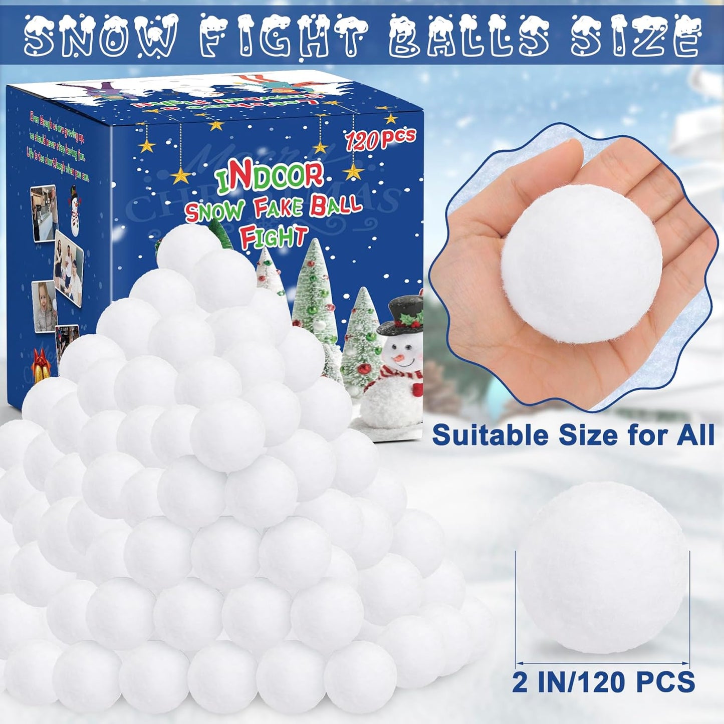 Skiennix Fake Snow Balls - Soft Plush Indoor/Outdoor Snowball Fight Set | 120 Pack for Kids & Christmas Decor