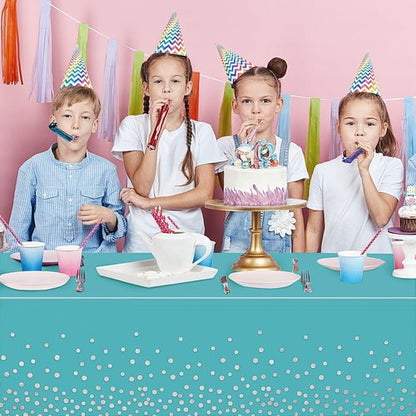 Breling Disposable Tablecloths - Teal Blue & Silver Dot Design for Parties | 54 x 108 Inch