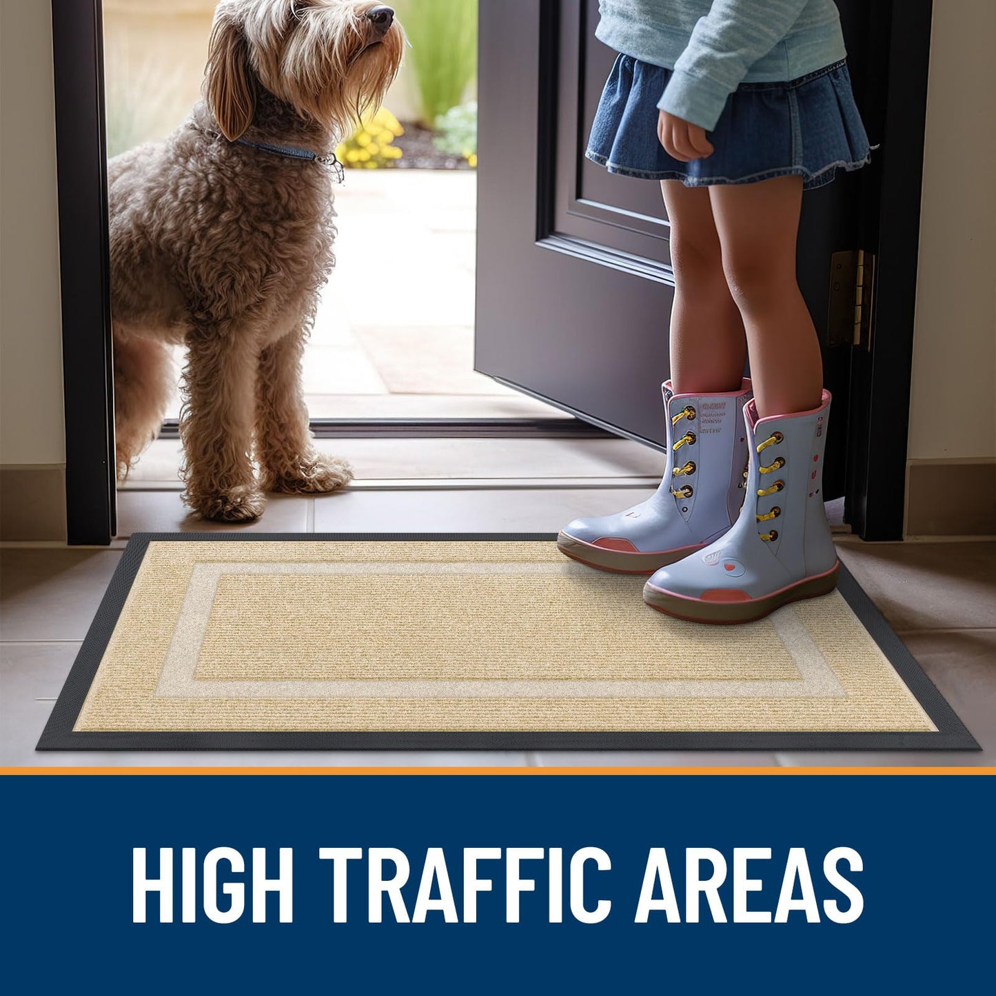 OLANLY Front Door Mat Indoor Outdoor Entrance, Waterproof All-Season, All-Weather Doormat, Sturdy Natural Rubber, Fade Resistant, Low Profile, Easy Clean Patio Porch Entryway Mat, 33x21, Beige