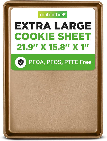 NutriChef Nonstick XL Cookie Sheet - Extra Large 22" x 16" Carbon Steel Baking Pan for Cookies & Pastries - Gold
