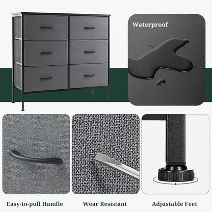 Skiennix 6-Drawer Dresser - Anti-Tip Storage Organizer with Wooden Top & Metal Frame - Gray