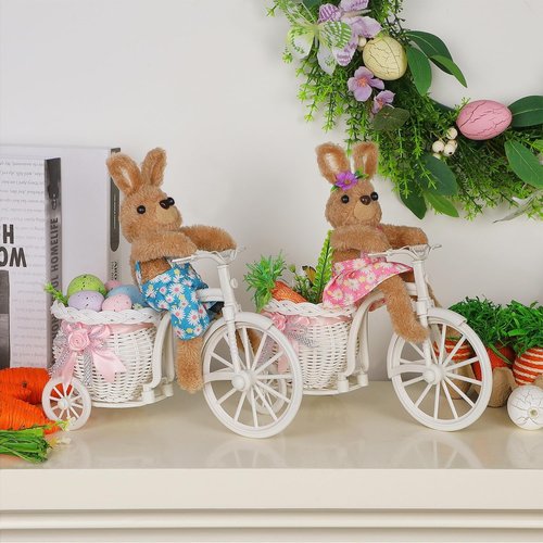 Juegoal Easter Tabletop Decorations - Set of 2 Bunny Couple Riding Bikes | 10" Cute Animal Figurines for Spring Home Decor