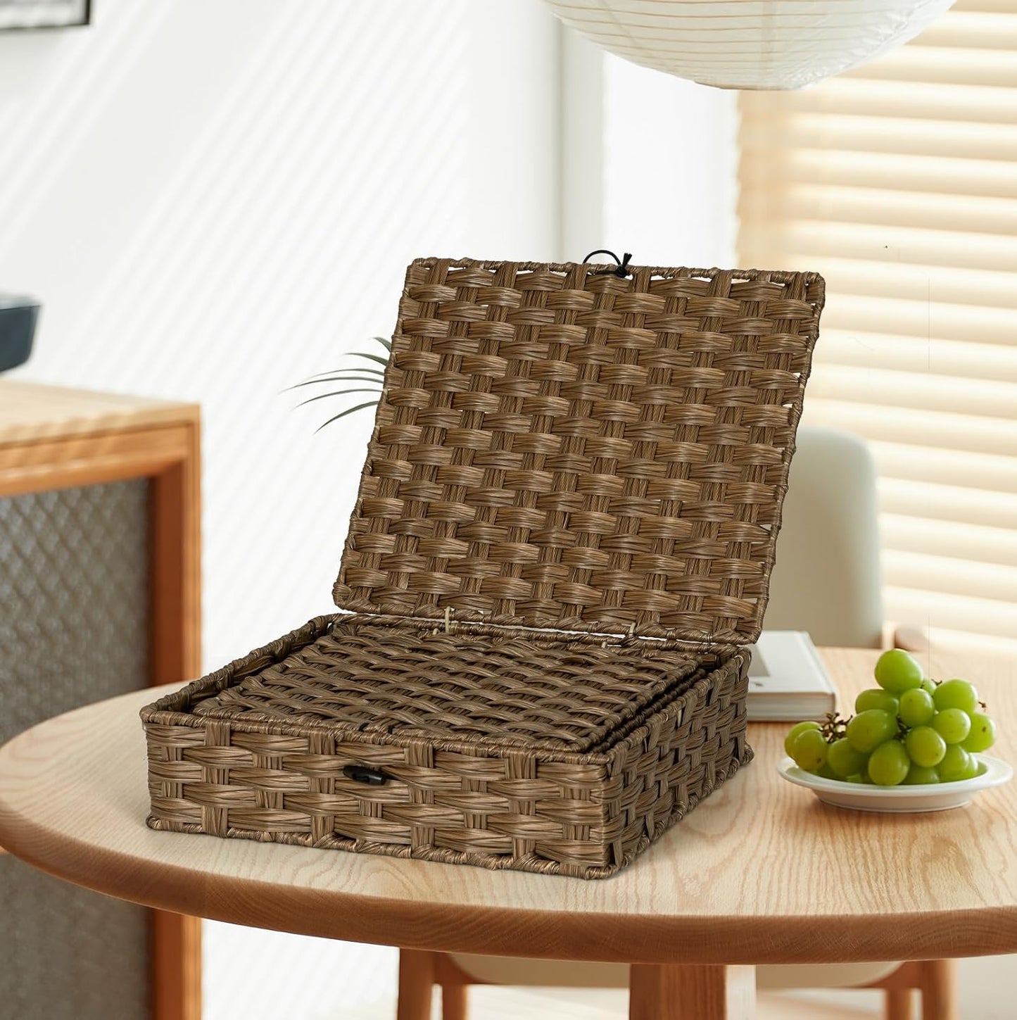 Plastic Wicker Storage Baskets - 2-Pack Woven Rattan Organizer Bins with Lids | Decorative Flat Boxes, Brown