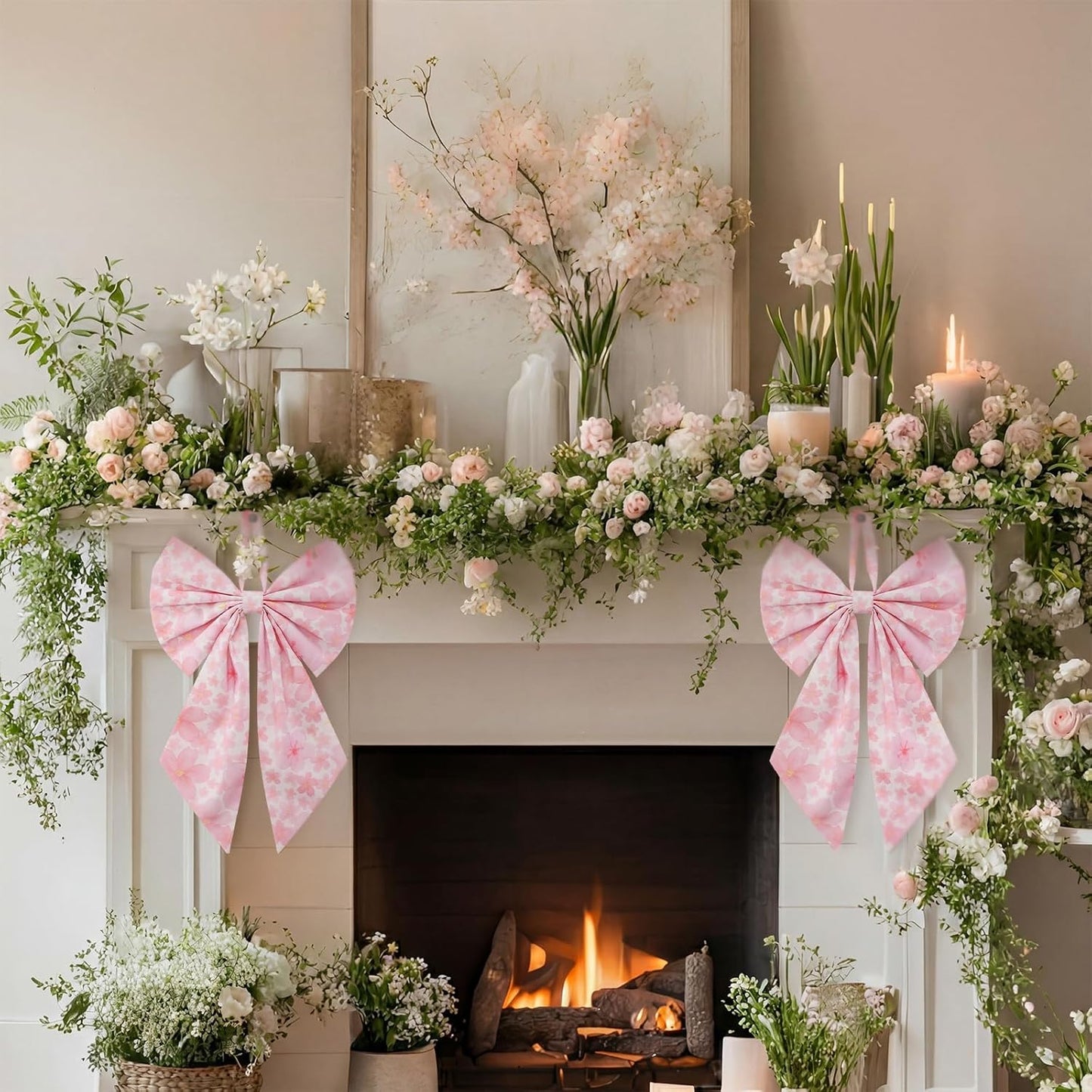 Suncalla Spring Cherry Blossoms Wreath - 2 Pcs Large Pink Tree Topper | Rustic Burlap Decor 19.6'' x 11.8''