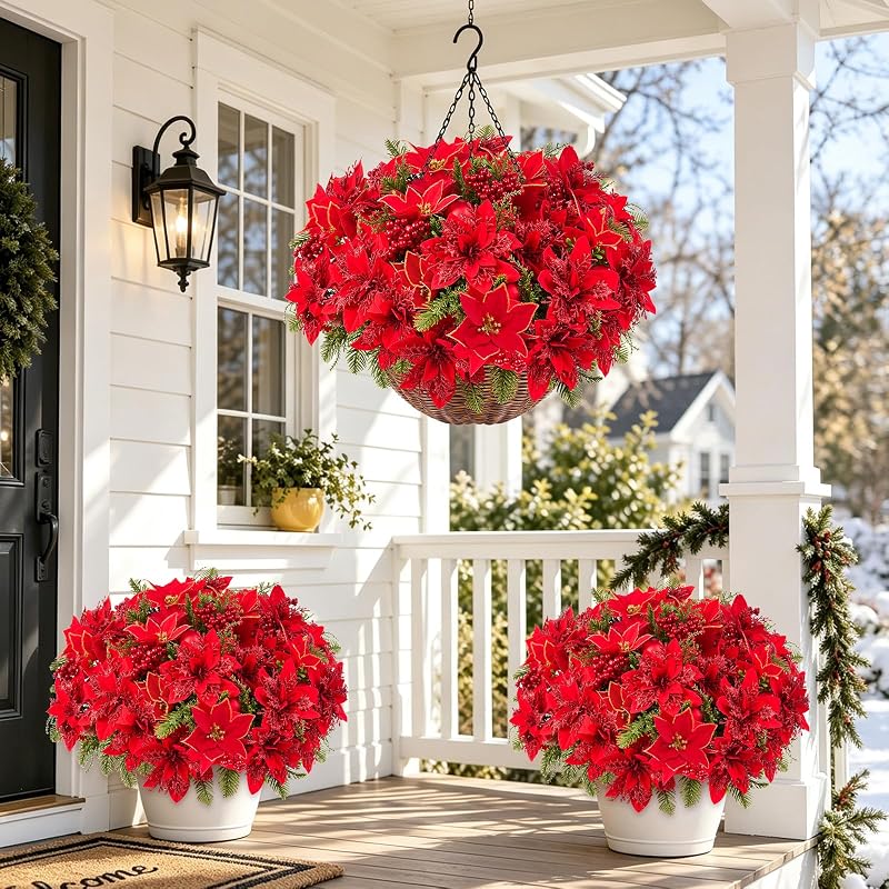 Artificial Velvet Poinsettia Hanging Baskets Outdoor 2-Pack - Red & Green