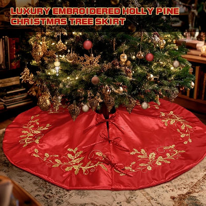 Burgundy 48-Inch Satin Christmas Tree Skirt with Gold Holly Embroidery - Variation of Burgundy