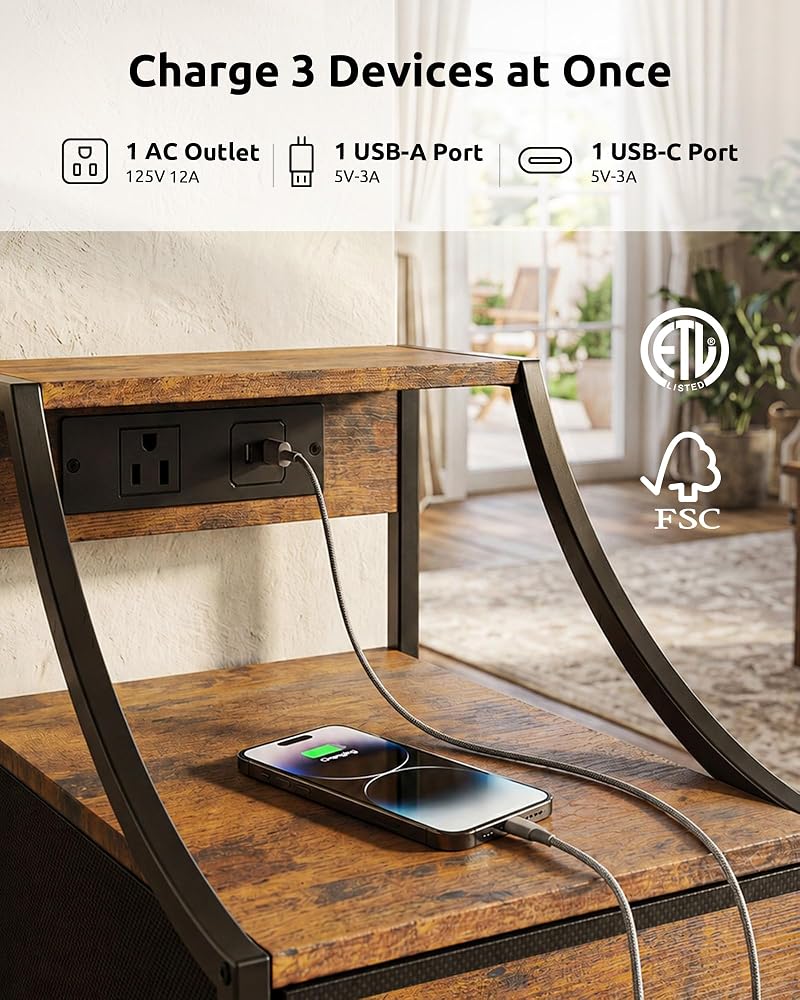 Narrow Nightstand with Charging Station - Rustic Brown - 11.8" Wide