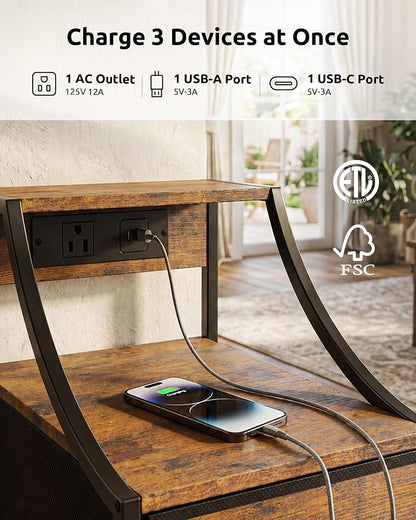 Narrow Nightstand with Charging Station - Rustic Brown - 11.8" Wide