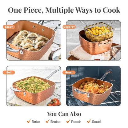 GOTHAM STEEL Nonstick Square Deep Frying Pan, 9.5” Large Cooking Pan with Ceramic Nonstick Coating, Deep Fryer Pot with Basket, 4 Pc Titanium Ceramic with Lid, Basket & Steamer Tray, Dishwasher Safe