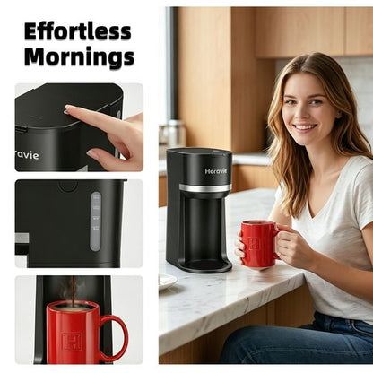 Horavie Mini Single Serve Coffee Maker for K Cup and Ground Coffee, Fast Brew One Cup Coffee Machine with Descaling Reminder and Water Window, 6 to 12 oz. Brew Sizes, Black