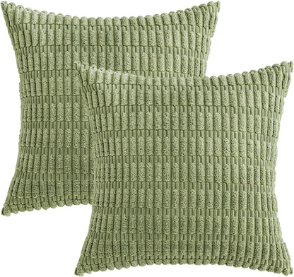 MIULEE Decorative Throw Pillow Covers - Soft Boho Striped Corduroy | Pack of 2, 16x16 Inch, Sage Green