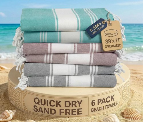 LANE LINEN Pool Towels, Turkish Beach Towels Oversized Set of 6, Pre-Washed, No Shrink, Quick Dry Travel Towel, Beach Towel for Women, Absorbent & Sand Free Towel, 39"x71" - Summer Color