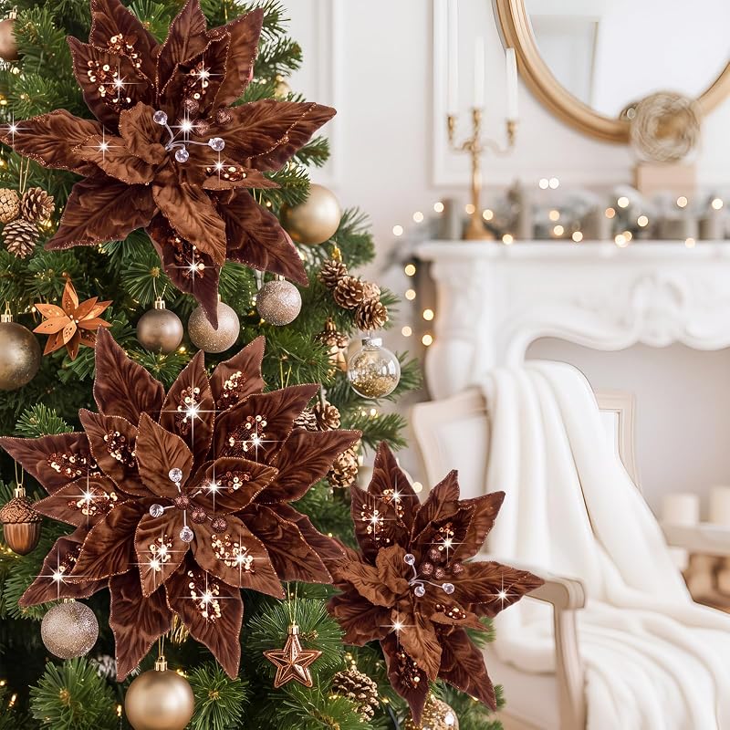 8 Pcs Velvet Christmas Poinsettia Flowers with Stems - Dark Brown (Variation of THIS listing)