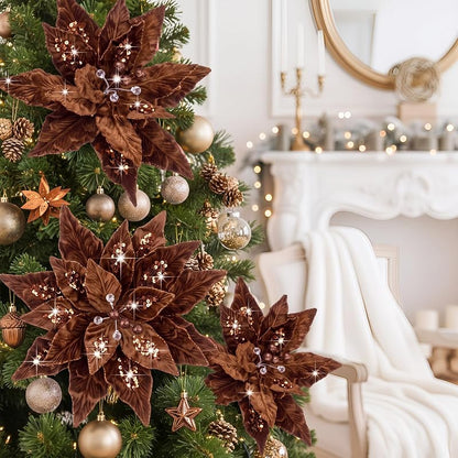 8 Pcs Velvet Christmas Poinsettia Flowers with Stems - Dark Brown (Variation of THIS listing)