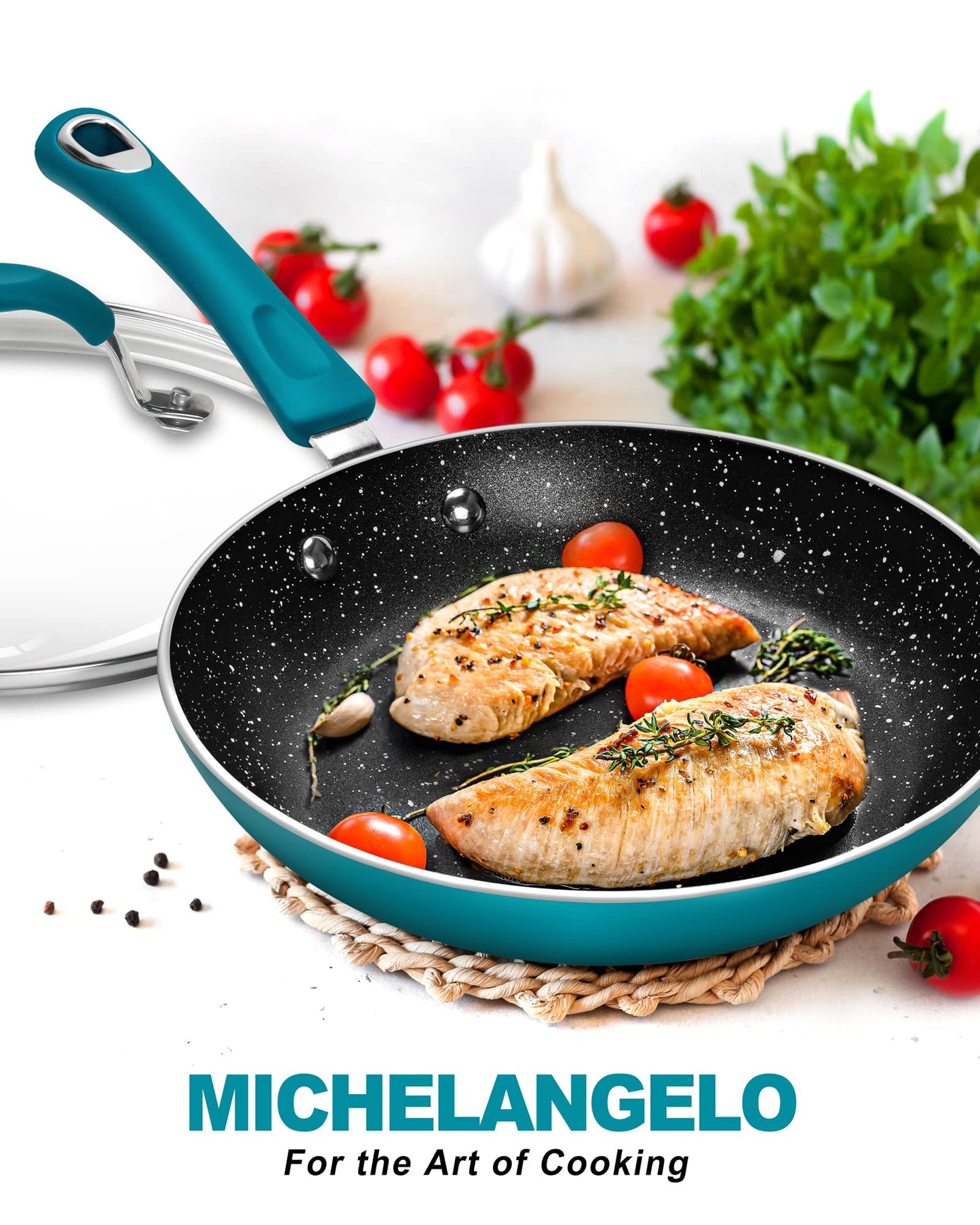 MICHELANGELO Nonstick Frying Pan with Lid, Enameled 10 Inch Frying Pan Non Stick Fry Pan with Silicone Handle, Non-Toxic Skillet with Granite Interior, Cyan