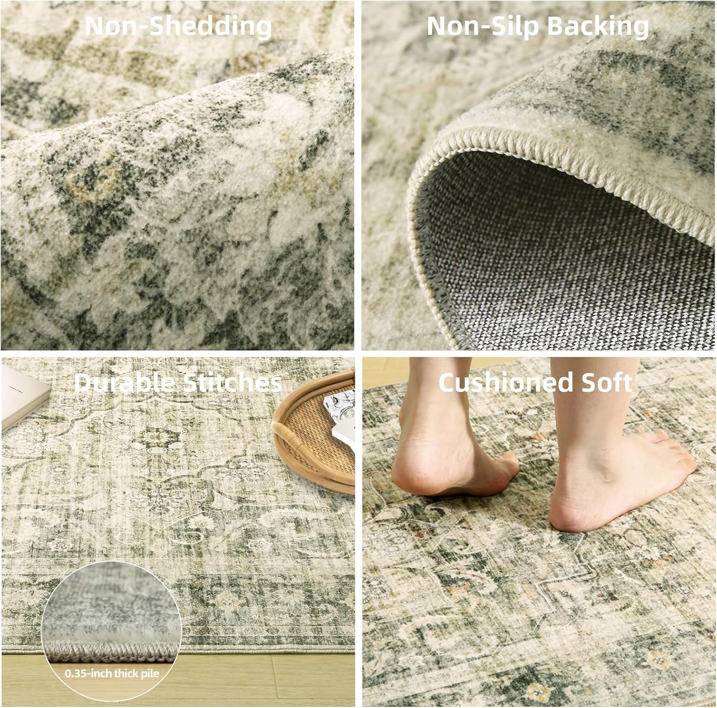 Skiennix Washable Rug Runners - Non-Slip Faux Wool Carpet for Hallways | Soft Low Pile, 2x6 ft