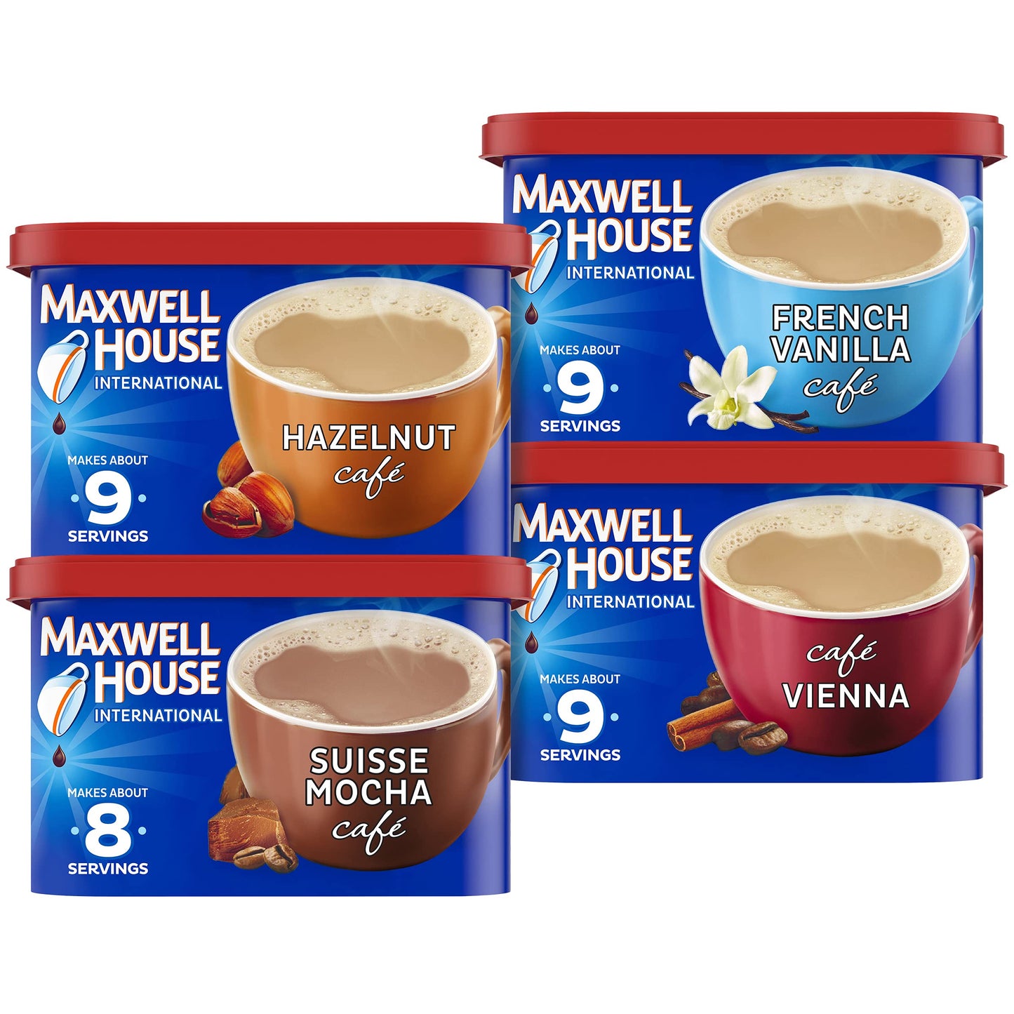 Maxwell House International Variety Pack with French Vanilla (Suisse Mocha, Hazelnut, and Vienna Café-Style Instant Coffee Beverage Mix, 4 ct Pack)