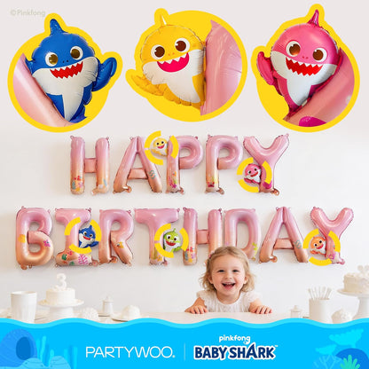 Baby Shark | PartyWoo Family Foil Balloons - 13pcs Pink Round & Star Mylar Set for Kids' Birthday Party Decorations