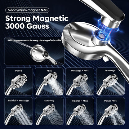 Rain Shower Head with Handheld High Pressure rainfall Shower Heads with Handheld Spray Combo Adjustable one-piece stand daul shower head Built-in Magnetic Docking and Power Jets-silver