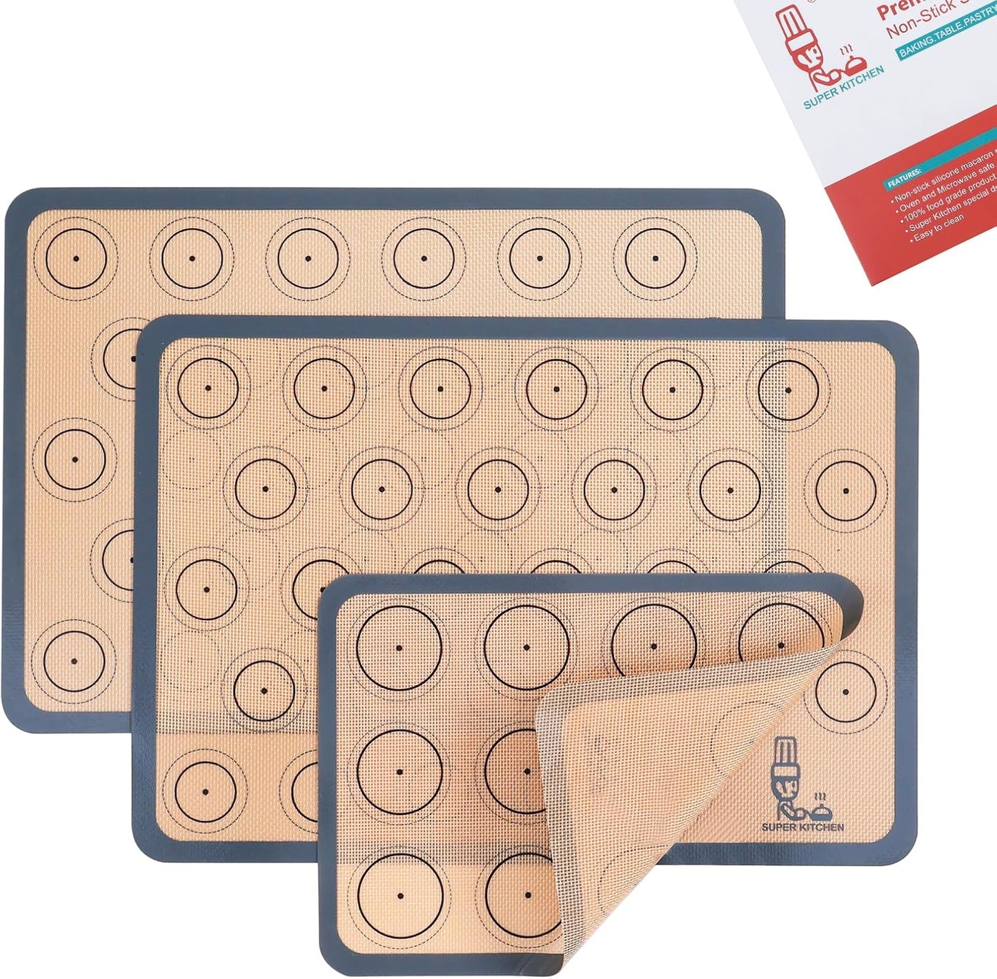 Silicone Baking Mat Macaron - Non-Stick Set of 3 Half & Quarter Sheet Liners | 16.5x11.6, Grey