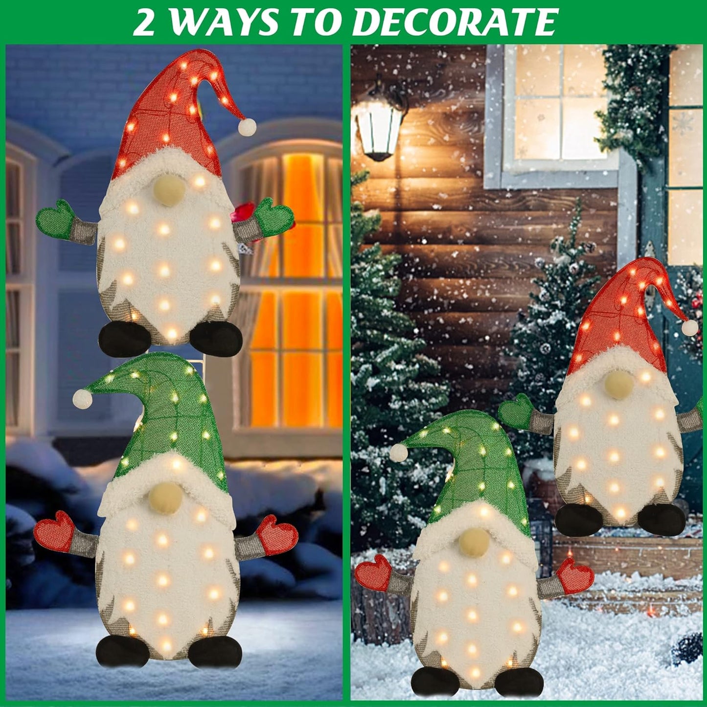 Waterglide Lighted Christmas Tinsel Gnomes - 24 Inch Pre-Lit 2D Stacked Holiday Decorations | Indoor/Outdoor Garden Decor