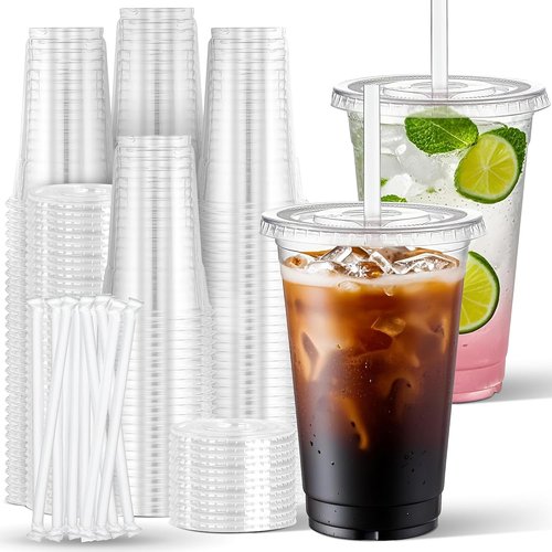 Charmount 24 oz Clear Plastic Cups - Disposable To-Go Cups with Lids & Straws for Cold Drinks | 100 Sets
