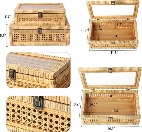 DECOR4SEASON Rattan Stacking Boxes with Glass Top Lid - Set of 2 for Boho Rustic Farmhouse Decor