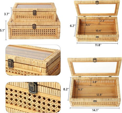 DECOR4SEASON Rattan Stacking Boxes with Glass Top Lid - Set of 2 for Boho Rustic Farmhouse Decor