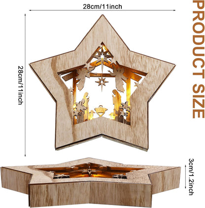 Wooden Nativity Scene Set - Rustic Christmas Tabletop Decor with LED Light for Indoor Display
