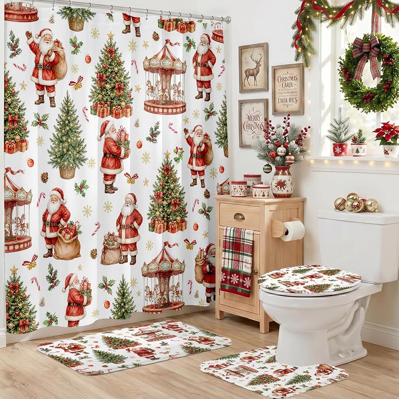 Santa Claus Shower Curtain Set - 4Pcs Holiday Bath Decor, 100% Polyester