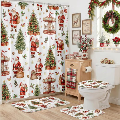 Santa Claus Shower Curtain Set - 4Pcs Holiday Bath Decor, 100% Polyester