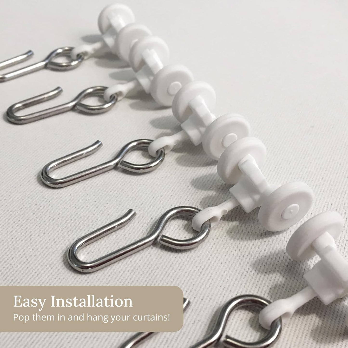 Skiennix Curtain Track Hooks - 20 Durable Ceiling Roller Hooks for Smooth Gliding - White Plastic & Steel