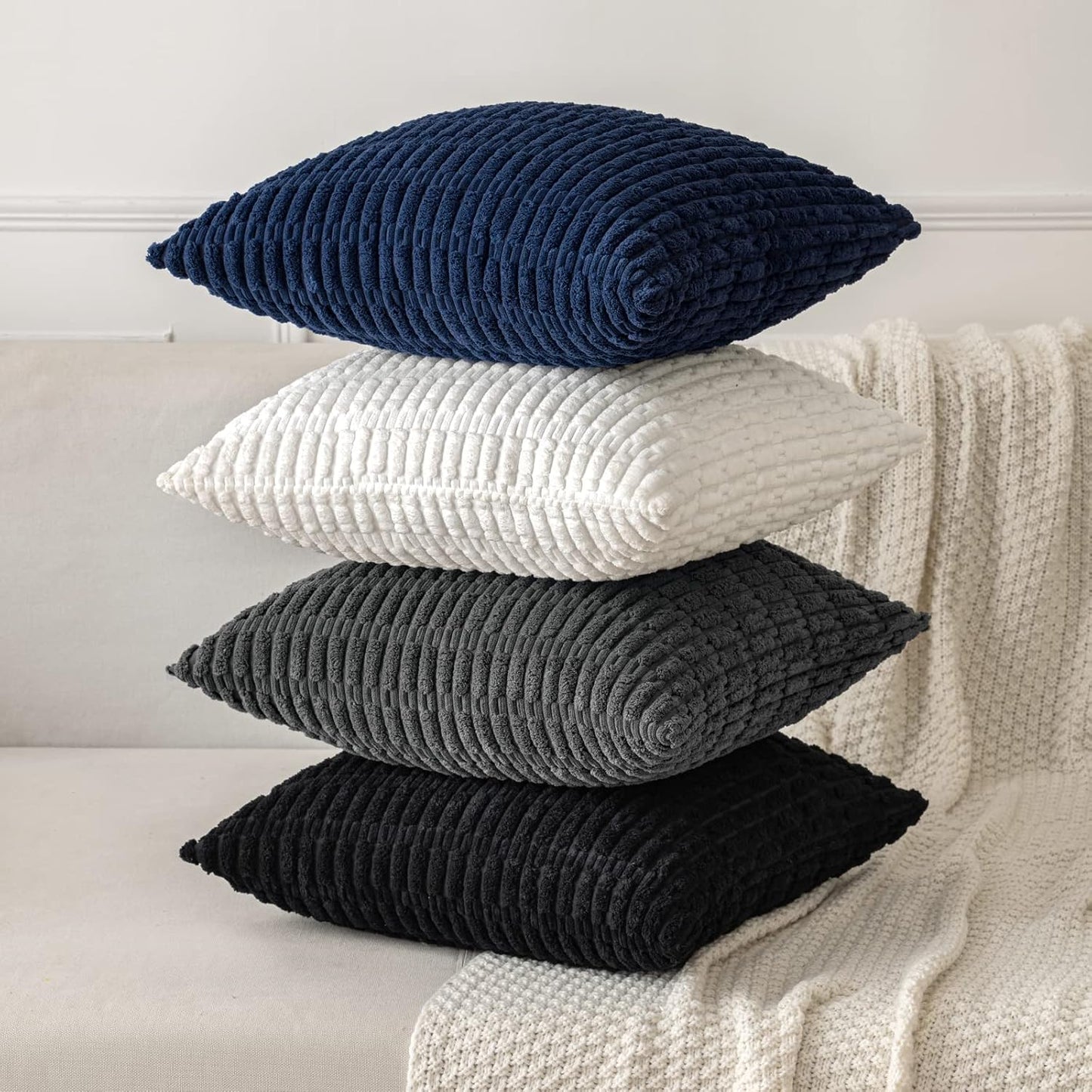 MIULEE Corduroy Decorative Lumbar Throw Pillow Covers - Soft Boho Striped Design, 20x12 Inch, Dark Blue for Modern Farmhouse Decor